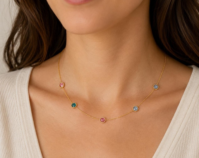 14K Gold Station Necklace With Multicolor Crystal Beads, Minimalist, 17 Inches