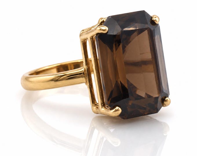 14K Gold Smoky Quartz Ring, Emerald Cut Vintage Estate, Size 2.5
