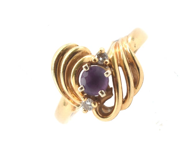 Estate Gemstone Ring Vintage 14K Solid Yellow Gold Natural Diamonds Amethyst Size 5 February Birthstone Holiday Gift