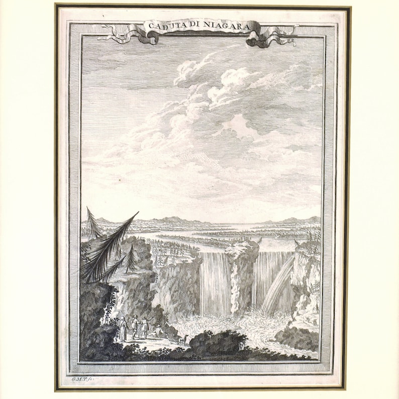 May include: A black and white engraving of Niagara Falls, with the text "CADUTA DI NIAGARA" at the top. The engraving shows the falls from a distance, with a view of the surrounding landscape.