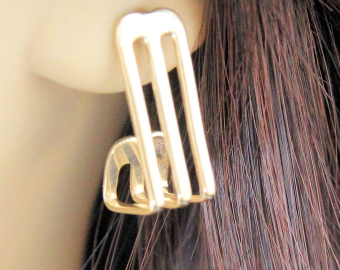 Estate Gold Earrings Vintage 14K Solid Yellow Gold Pair Angular Design Post J-Hoop Earrings Fast Shipping Holiday Gift