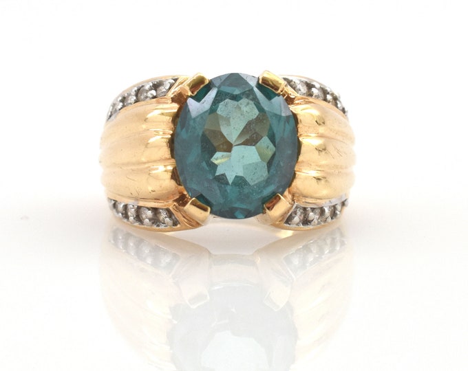 Estate Topaz Ring Vintage 14K Yellow Gold Natural Diamonds Teal Blue Topaz 6.2 Carats Total Weight Size 7.5 December Birthstone Gift