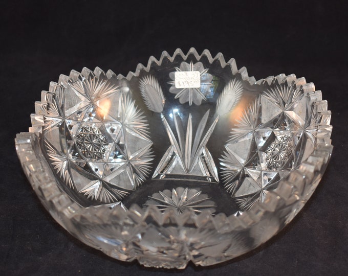 Antique Cut Crystal Bowl Wheat Floral Star Pattern Scalloped Saw Tooth Edge Holiday Gift