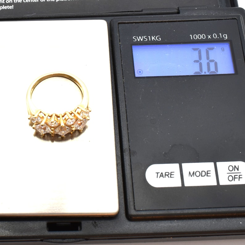 14K Solid Yellow Gold Ring Diamonique Cubic Zirconia Vintage Estate Signed DQCZ Nearly 4 Carats Total Nearly 4 Grams Size 4.5 Wedding