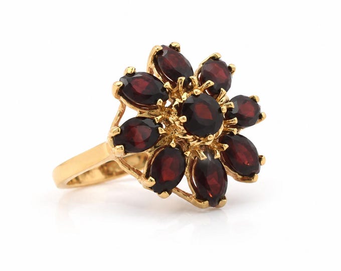 Vintage Garnet Cluster Ring, 14K Yellow Gold, January Birthstone, Size 6