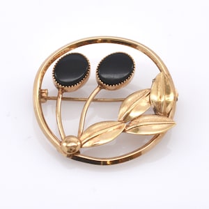 14K Solid Yellow Gold Natural Onyx Brooch Flowers Floral Oval Cabochons Vintage Estate Pin 2 Carats Total Weight Over 4 Grams Valentine