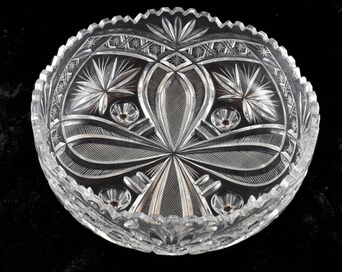 Estate Glass Bowl Vintage Pressed and Cut Glass Scalloped Sawtooth Edge Four Feet Fans Stars Hatch Floral Holiday Gift