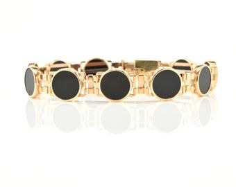 Estate Onyx Bracelet Vintage 14K Solid Yellow Gold Natural Black Onyx 7.75 Inches Long Holiday Gift