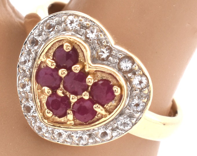 14K Solid Yellow and White Gold Natural Ruby and Cubic Zirconia Ring Heart Over Half Carat Total Weight July Birthstone Holiday Gift