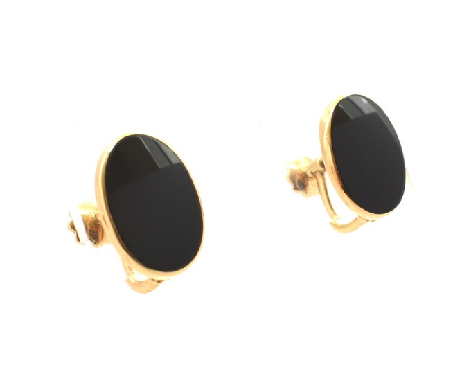 Estate 14K Solid Yellow Gold Natural Onyx Earrings Vintage Oval Screw On Pair Over 1 Carat Total Weight Holiday Gift