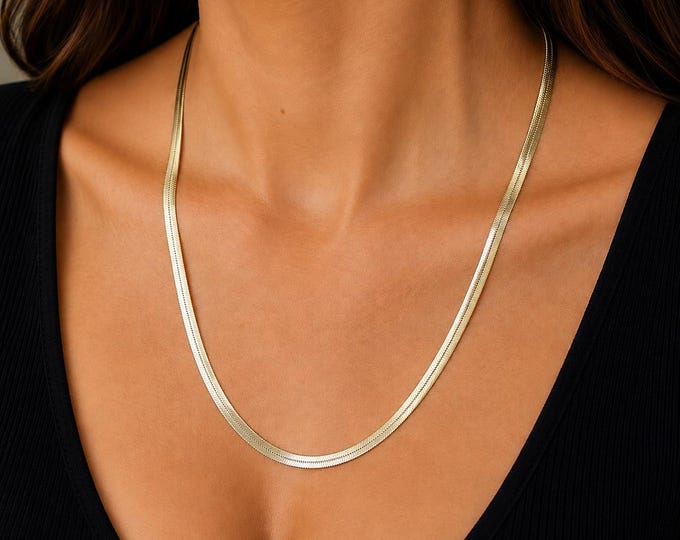 Estate 14K Gold Herringbone Necklace, 20 Inch Italian Chain