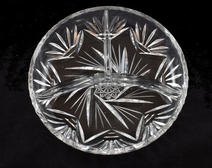 Estate Glass Dish Vintage Three Part Divided Relish Dish Pressed Cut Star Pinwheel Fans Holiday Gift
