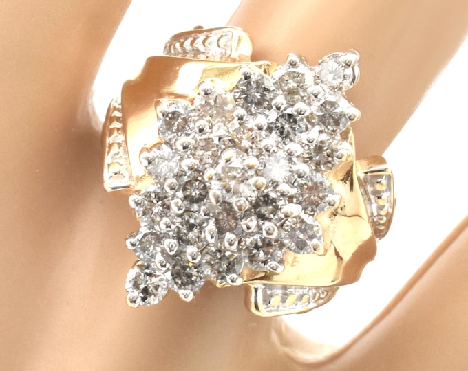 Estate 14K Solid Yellow Gold Natural Diamonds Ring Vintage Cluster 2 Carats Total Weight Holiday Gift