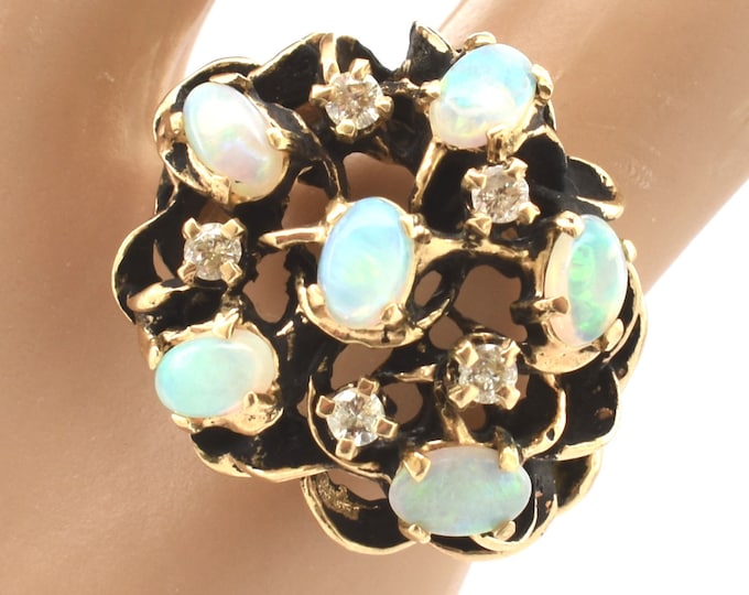 Estate Gemstone Ring Vintage 14K Solid Yellow Gold Natural Opals Diamonds Over 1 Carat Total Weight Size 5.5 October Birthstone Holiday Gift