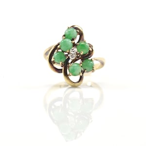 Estate Gemstone Ring Vintage 14K Solid Yellow Gold Natural Diamonds Jade Size 6.25 Holiday Gift