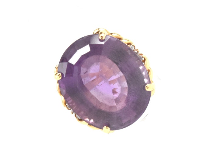 Estate Gemstone Ring Vintage 14K Solid Yellow Gold Natural Diamonds Amethyst Size 9 February Birthstone Holiday Gift