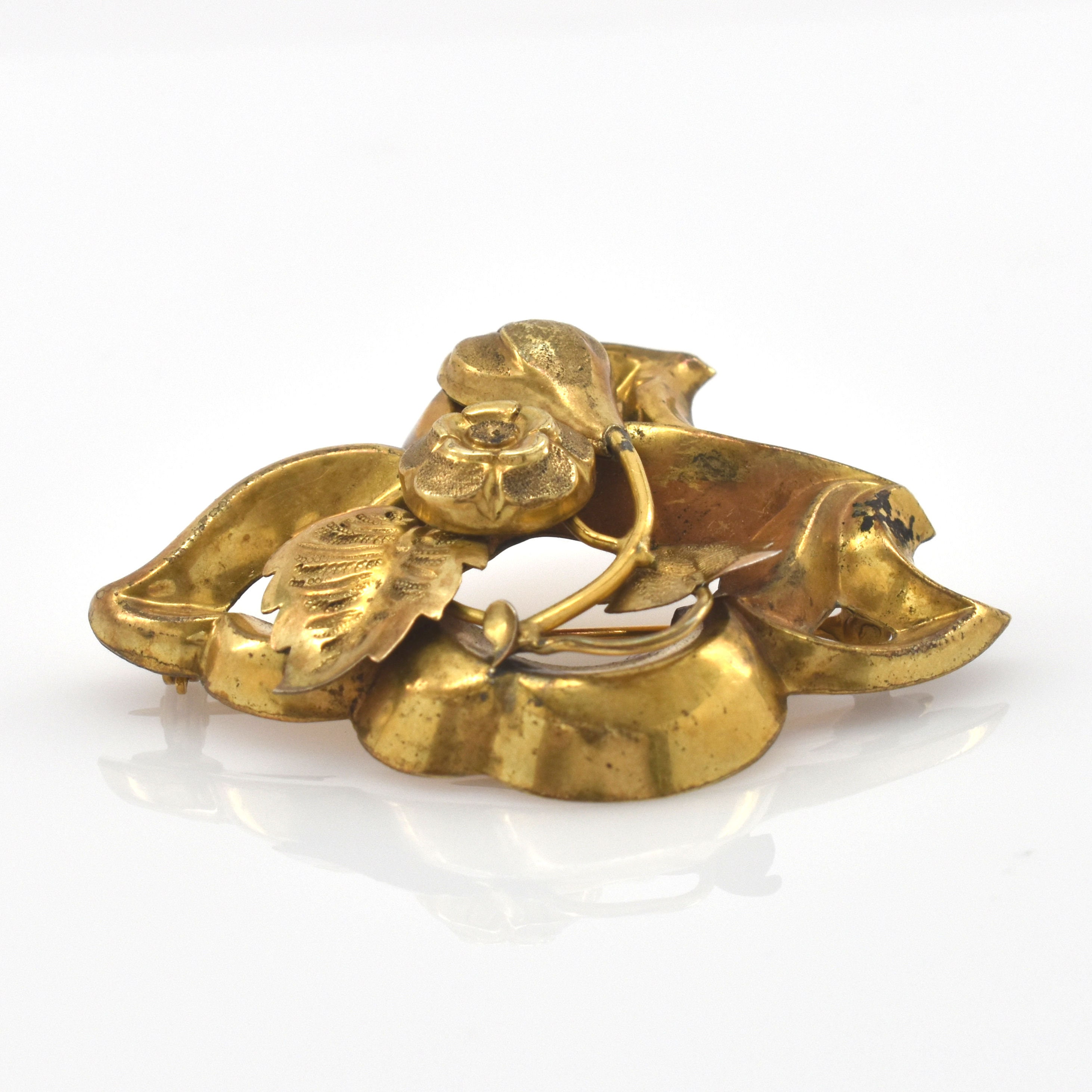 [R*]14k 鳥と植物の彫刻チャーム 14K Solid Yellow Gold Botanical Brooch Pin Vintage Estate