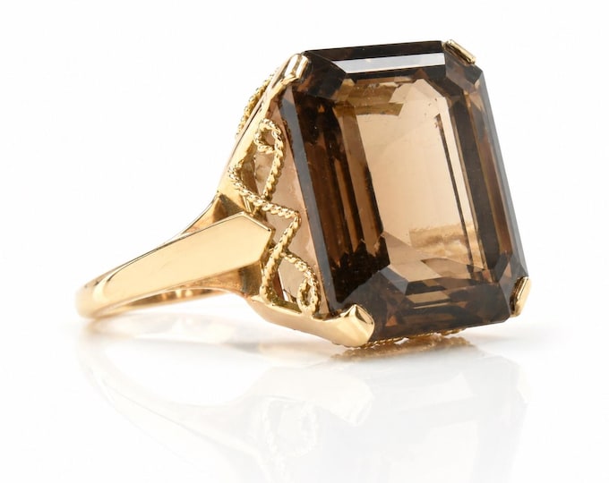 Estate Smoky Quartz Ring, 18K Solid Yellow Gold, Emerald Cut