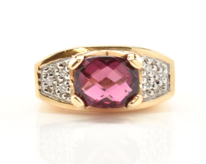 Vintage Gemstone Ring New Old Stock 14K Solid Yellow Gold Natural Rhodolite Garnet Diamonds Size 5.5 January Birthstone Holiday Gift