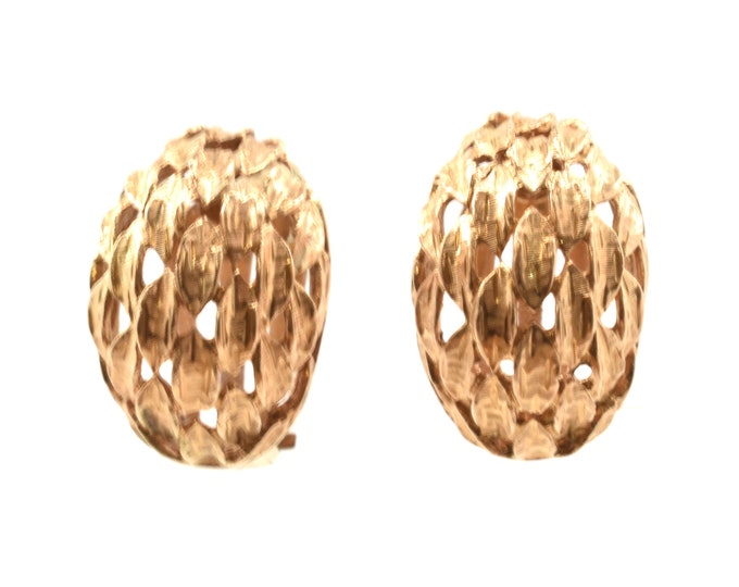 Estate Gold Earrings Vintage 14K Solid Yellow Gold Clip On Domed Feather Form Holiday Gift