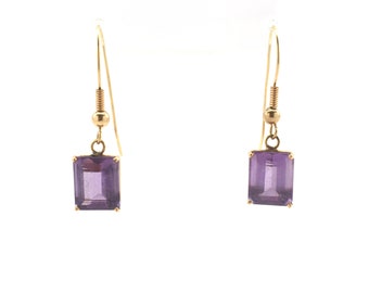 Vintage 14K Gold Emerald Cut Amethyst Drop Dangle Earrings Art Deco Revival