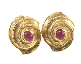 Estate Gold Earrings Vintage 14K Solid Yellow Gold Natural Pink Tourmaline Cabochon Ear Clips October Birthstone Holiday Gift