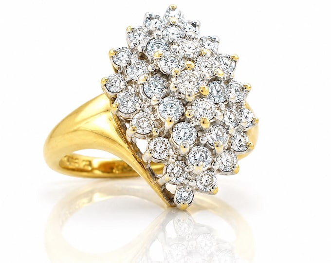 Vintage Diamond Cluster Ring, 14K Yellow Gold Navette, 2 Carat, Size 6.75