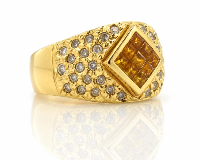 Vintage 14K Gold Orange Topaz Diamond Cluster Ring Heavy Mid Century Statement Ring, Size 5.5