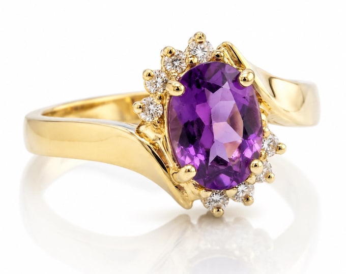 Estate 14K Yellow Gold Amethyst Diamond Halo Bypass Ring, Size 5.75