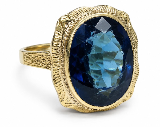 Vintage 14K Gold Sapphire Blue Glass Art Deco Revival Dinner Ring Size 7