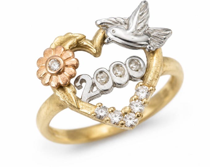 Vintage Y2K Millennium 14K Gold Heart Ring with CZ and Dove