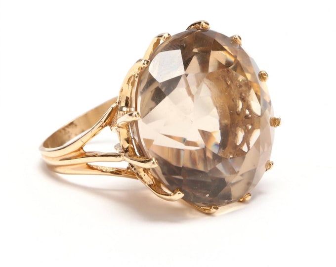 Estate 14K Yellow Gold Round Cut 49 Carat Smoky Quartz Solitaire Ring Over 15 Grams Size 3 Holiday Gift