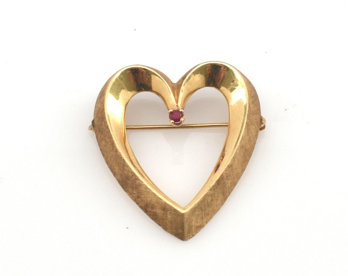 Vintage 14K Solid Yellow Gold Heart Brooch with Natural Ruby – July Birthstone
