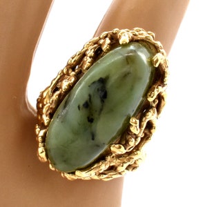 Estate Gold Ring Vintage 14K Solid Yellow Gold Natural Agate Green Oval Cabochon Chunky Free-form Mid-Century 25 Carats Size 5 Holiday Gift