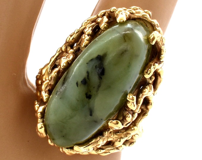 Estate Gold Ring Vintage 14K Solid Yellow Gold Natural Agate Green Oval Cabochon Chunky Free-form Mid-Century 25 Carats Size 5 Holiday Gift
