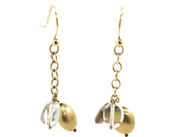 Estate Quartz Earrings Vintage 14K Yellow Gold Natural White and Smoky Quartz Drop Dangle 6.92 Carats Total Weight Signed NABCO Holiday Gift
