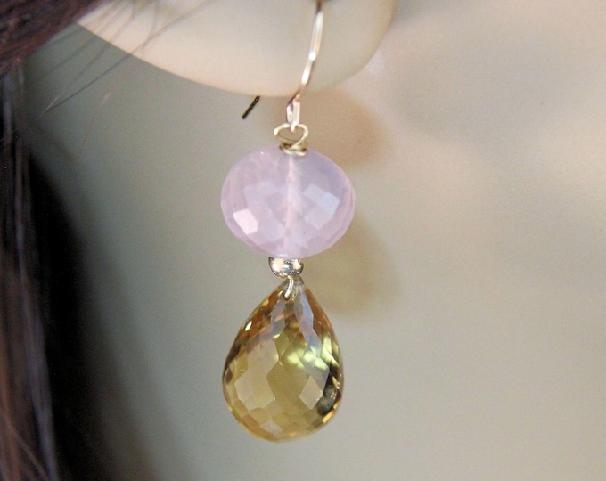 Estate 14K Yellow Gold Citrine Rose Quartz Drop Dangle Earrings 30.5 Carats Total Weight CTW 6.38 Grams Holiday Gift