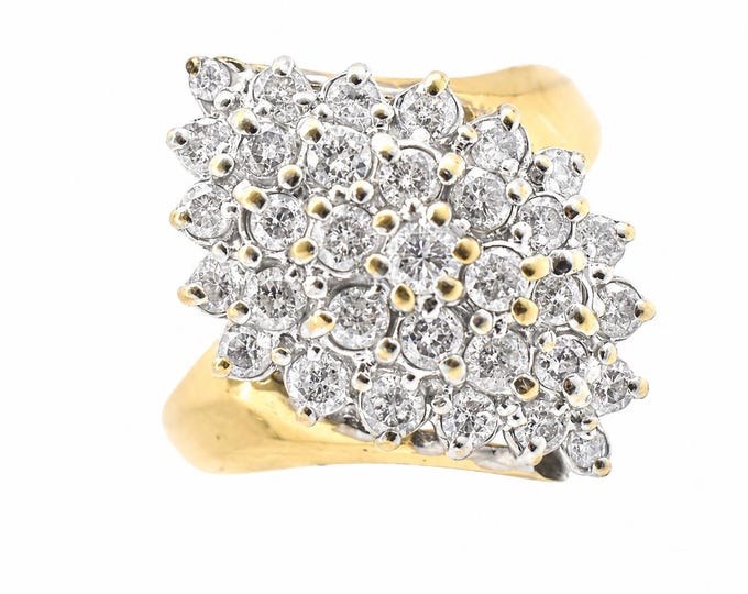Vintage Diamond Cluster Ring, 14K Yellow Gold Navette, 2 Carat, Size 6.75