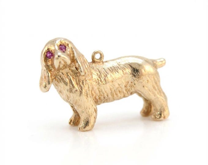 14K Solid Yellow Gold Spaniel Dog Pendant with Natural Ruby Eyes – Estate Jewelry