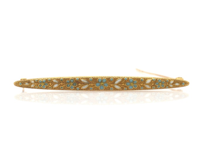 Estate Enamel Brooch Vintage 14K Solid Yellow Gold Art Nouveau Floral Bar Pin Holiday Gift