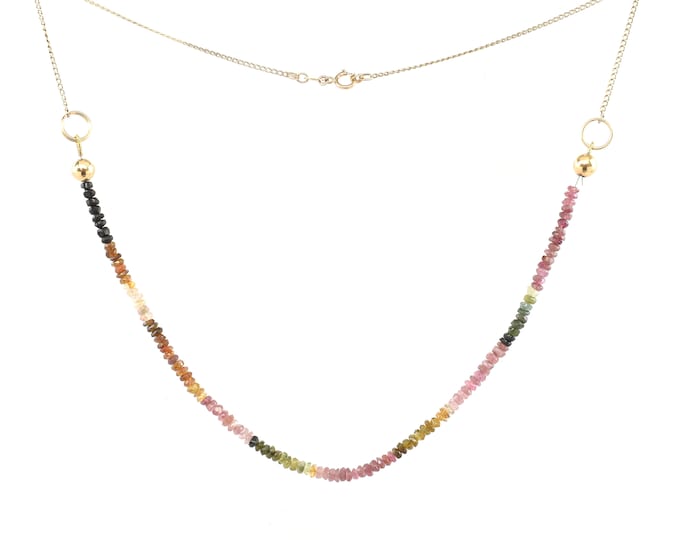 14K Solid Yellow Gold Multi-Colored Natural Tourmaline Necklace Vintage Over 18 Inches Long Nearly 6 Grams October Birthstone Valentine