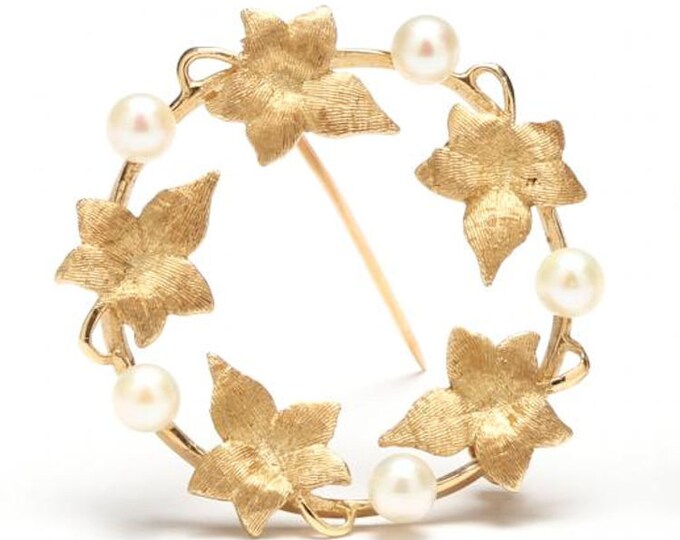 Estate Gold Brooch Vintage 14K Solid Yellow Gold Cultured Pearl Pin Signed CROSBY Holiday Gift