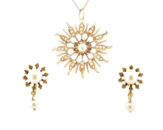 Estate Gold Jewelry Antique 14K Solid Yellow Gold Natural Pearls Pendant Brooch Earrings Set Starburst Design Holiday Gift