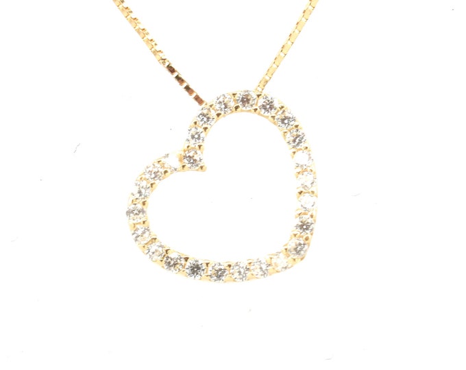 Estate Gold Pendant Vintage 14K Solid Yellow Gold Cubic Zirconia Open Heart Charm 1.255 Carats April Birthstone Holiday Gift