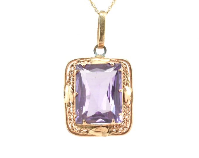 Vintage Emerald Cut Purple Topaz Pendant, 14K Yellow Gold
