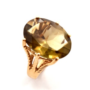 14K Solid Yellow Gold Natural Smoky Quartz Ring Vintage Estate Large Oval Cut Over 10 Carats Over 6 Grams Signed AJ Size 6.5 Holiday Gift