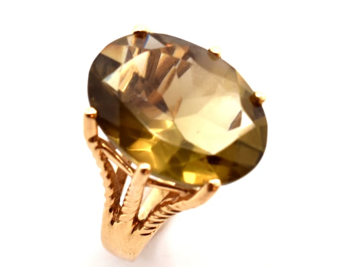 14K Solid Yellow Gold Natural Smoky Quartz Ring Vintage Estate Large Oval Cut Over 10 Carats Over 6 Grams Signed AJ Size 6.5 Holiday Gift