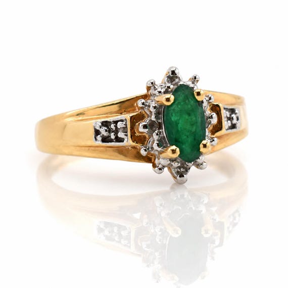 Victorian Emerald Diamond Ring 14K Gold Marquise May Birthstone Estate Size 4.25