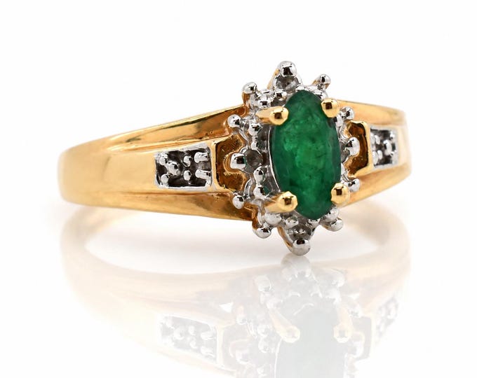 Victorian Emerald Diamond Ring 14K Gold Marquise May Birthstone Estate Size 4.25