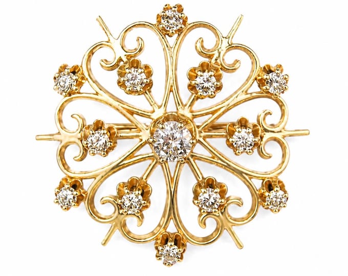 Estate 14K Gold Diamond Floral Starburst Pendant Brooch